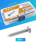 100 Pcs #6 x 1 Inch Pan Head Wood Screws Made from 304 Stainless Steel with driver bit in storage box.