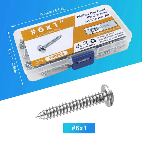 100 Pcs #6 x 1 Inch Pan Head Wood Screws Made from 304 Stainless Steel with driver bit in storage box.