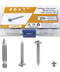 100 Pcs #6 x 1 Inch Pan Head Wood Screws Made from 304 Stainless Steel in a clear box with a driver bit.