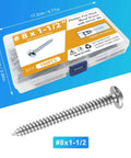 100 Pcs #8 x 1-1/2 Inch Pan Head Wood Screws Made from 304 Stainless Steel featuring sharp point and driver bit in packaging.