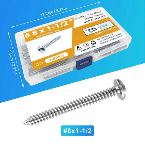 100 Pcs #8 x 1-1/2 Inch Pan Head Wood Screws Made from 304 Stainless Steel featuring sharp point and driver bit in packaging.