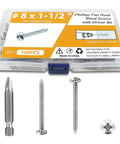 100 Pcs #8 x 1-1/2 Inch Pan Head Wood Screws Made from 304 Stainless Steel in a storage case with driver bit.