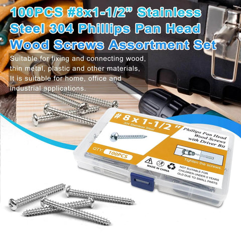 100 Pcs #8 x 1-1/2 Inch Pan Head Wood Screws Made from 304 Stainless Steel with storage box for various projects