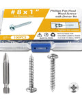 100 Pcs #8 x 1 Inch Pan Head Wood Screws Made from 304 Stainless Steel Featuring Self Tapping Coarse Threads and Sharp Point for Fast Installation in Wood Metal Plastic Drywall and Concrete Projects with driver bit.
