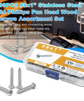 100 Pcs #8 x 1 Inch Pan Head Wood Screws Made from 304 Stainless Steel showing screws and storage case for various projects.