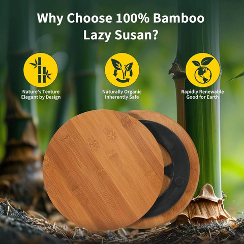 11 inch carbonized bamboo lazy susan organizer with non slip base on display, showcasing its natural texture and design.