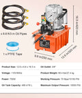 10000 PSI 750W 110V 488 in³/8L Capacity, Double Acting Manual Valve, Electric Driven Hydraulic Pump Power Pack Unit with Lever Switch, Orange, showing components and dimensions.