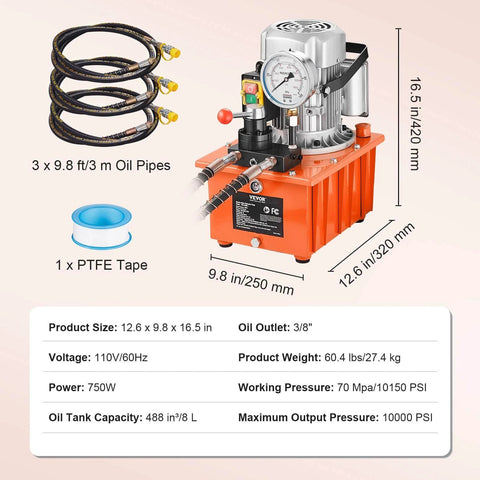 10000 PSI 750W 110V 488 in³/8L Capacity, Double Acting Manual Valve, Electric Driven Hydraulic Pump Power Pack Unit with Lever Switch, Orange, showing components and dimensions.