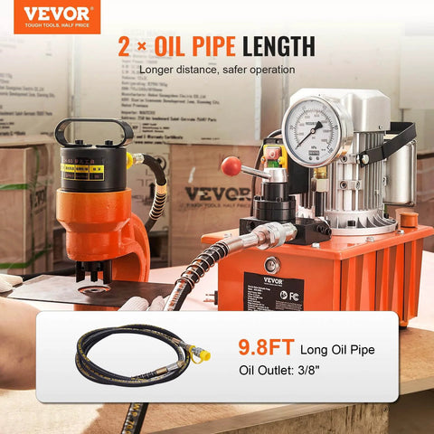 10000 PSI 750W 110V 488 in³/8L Capacity, Double Acting Manual Valve, Electric Driven Hydraulic Pump Power Pack Unit with Lever Switch for Punching/Bending/Jack Machines, Orange, with 9.8FT oil pipe shown.
