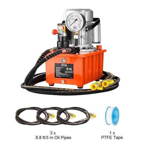 10000 PSI 750W 110V 488 in³/8L Capacity, Double Acting Manual Valve, Electric Driven Hydraulic Pump Power Pack Unit with pipes