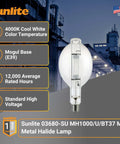 Powerful 1000 Watt Metal Halide Lamp With Mogul Base E39 BT37 M47, 110,000 Lumen Output, 12,000 Hour Life, Clear Finish, 4000K