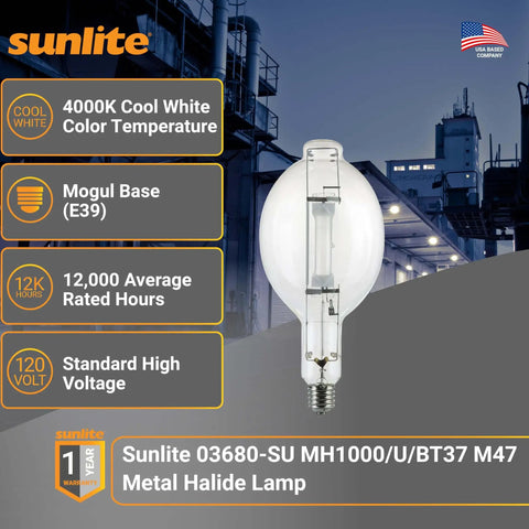 Powerful 1000 Watt Metal Halide Lamp With Mogul Base E39 BT37 M47, 110,000 Lumen Output, 12,000 Hour Life, Clear Finish, 4000K