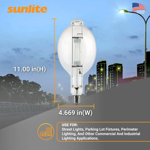 Powerful 1000 Watt Metal Halide Lamp With Mogul Base E39 BT37 M47, 110,000 Lumen Output, 12,000 Hour Life, Clear Finish, 4000K Color Temperature For Outdoor And Commercial Lighting Sunlite