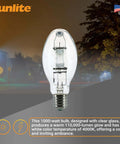 Powerful 1000 Watt Metal Halide Lamp With Mogul Base E39 BT37 M47, 110,000 Lumen Output, Clear Finish, Sunlite