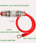 Heavy Duty 100A AGU Fuse Holder With 8 Gauge Power Wire, transparent housing, 1 foot OFC copper, ideal for car audio protection