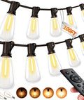 Brighten patios and yards with 100 ft weatherproof LED string lights, 37 ST38 bulbs, a warm 2700K glow, remote dimming, connectable