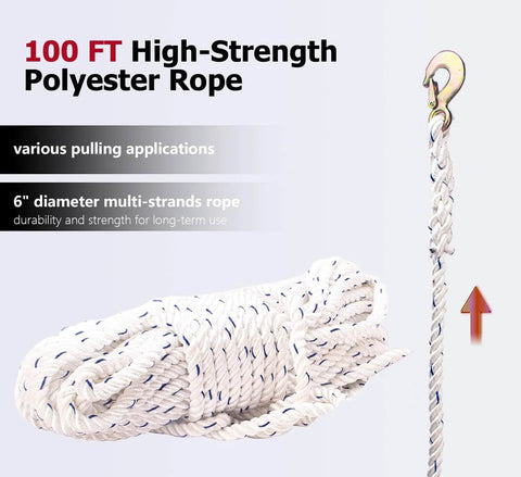 100 ft high-strength polyester rope for Three Quarter Ton Rope Puller Come Along Winch With 100 Ft Rope For Tree Felling Hauling