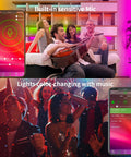 People enjoying a party with 100ft RGB LED Strip Lights With Music Sync And App Control, showcasing color-changing LED lights.