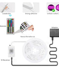 Diagram of 100ft RGB LED Strip Lights With Music Sync And App Control, featuring IR remote, adhesive, and adapter setup.