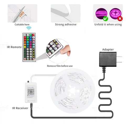 Diagram of 100ft RGB LED Strip Lights With Music Sync And App Control, featuring IR remote, adhesive, and adapter setup.