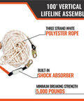 100-Foot Vertical Lifeline Assembly with Fall Protection Lanyard, shock absorber, heavy-duty safety rope for construction