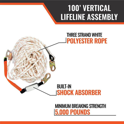 100-Foot Vertical Lifeline Assembly with Fall Protection Lanyard, shock absorber, heavy-duty safety rope for construction