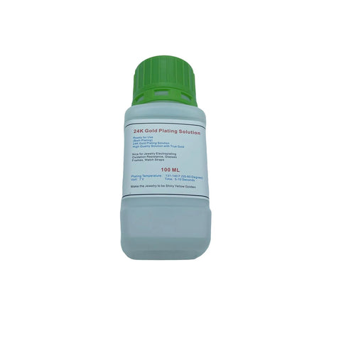 Bottle of High Concentration 24K Gold Plating Bath Solution 100ml for jewelry electroplating, featuring green cap, for restorers and DIYers.