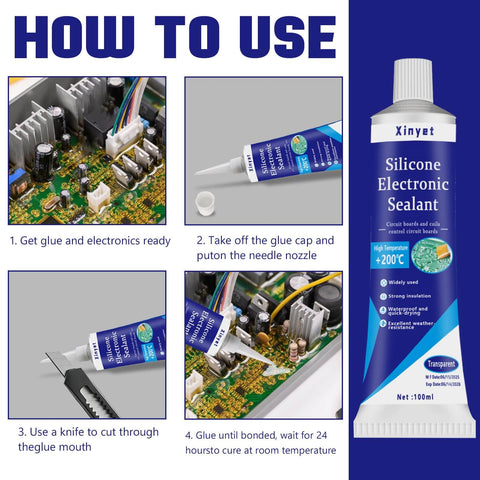 Instructional guide on using 100ml Go To Electronic Silicone Sealant Adhesive For Electronics for PCBs and circuit boards
