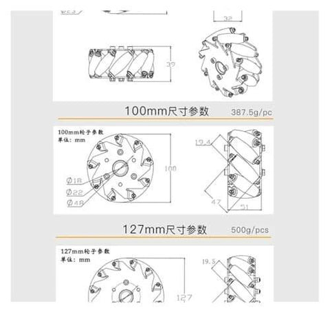 Technical diagram of Metal Wheel 4 Wheels/Set Omni Metal Mecanum Wheel, 100mm Omnidirectional Wheel with dimensions and specs shown.