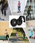 Collage of people using scooters with central image of Pro Kick Scooter Replacement Wheels 100mm Pair - Heavy Duty PU Wheels