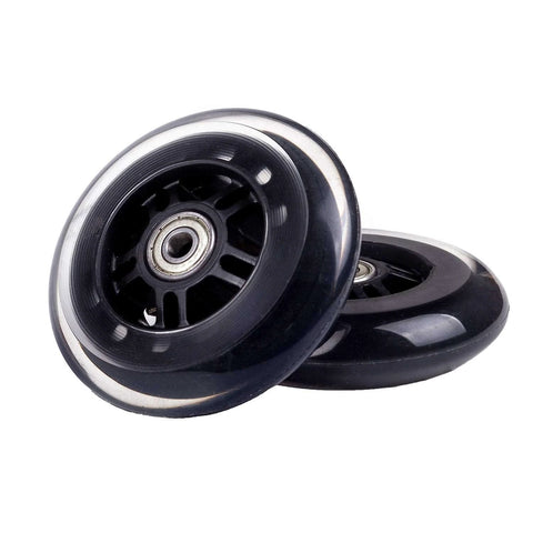 Black 100mm Scooter Replacement Wheels Pair with ball bearings for pro stunt scooters, shown close-up.