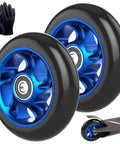 100mm Pro Scooter Replacement Wheels Pair with Aluminum Alloy Rim Anti Lock Bearings and 88A PU Tires Blue, with gloves and scooter