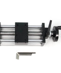 Top view of 100mm Effective Travel Dual Optical Axis Manual Sliding Table with SFU1605 Ball Screw, Linear Rail Guide and Handwheel.