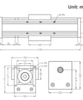 Technical diagram of 100mm Length Travel Fully Enclosed Linear Stage Actuator with Square Linear Rails Ballscrew SFU1605 with NEMA23 Stepper Motor.
