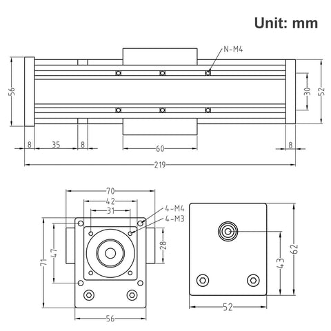 Technical diagram of 100mm Length Travel Fully Enclosed Linear Stage Actuator with Square Linear Rails Ballscrew SFU1605 with NEMA23 Stepper Motor.