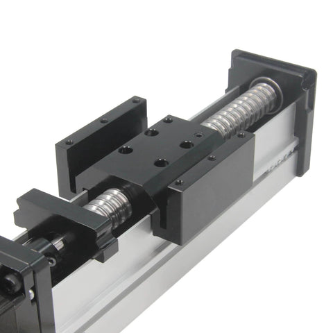 Close-up view of a 100mm Length Travel Fully Enclosed Linear Stage Actuator with Square Linear Rails Ballscrew SFU1605 with NEMA23 Stepper Motor