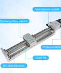 Overview of 100mm stroke CNC linear stage motion actuator with SFU-1605 ballscrew and 57 stepper motor, linear rail guide visible.