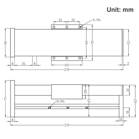 Technical drawing of a 100mm Length Travel Fully Enclosed Linear Stage Actuator with Square Linear Rails Ballscrew SFU1605 with NEMA23 Stepper Motor, showing dimensions and assembly details.