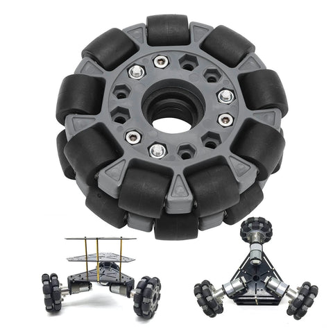 100mm Omni Wheel with double row roller design featuring nylon body rubber rollers for robot racing and RC cars model 14041