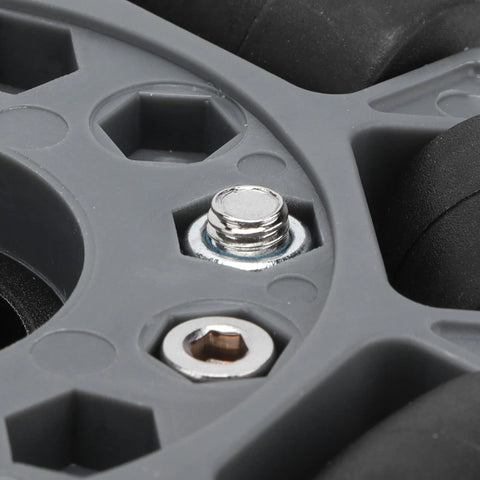 Close-up of 100mm Omni Wheel, showcasing double row roller design with nylon body and rubber rollers for robotics projects model 14041.
