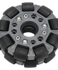100mm Omni Wheel with double row roller design featuring nylon body rubber rollers for robot racing and RC cars, model 14041.