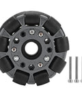 100mm Omni Wheel with double row roller design featuring nylon body rubber rollers for robot racing RC cars model 14041 front view.
