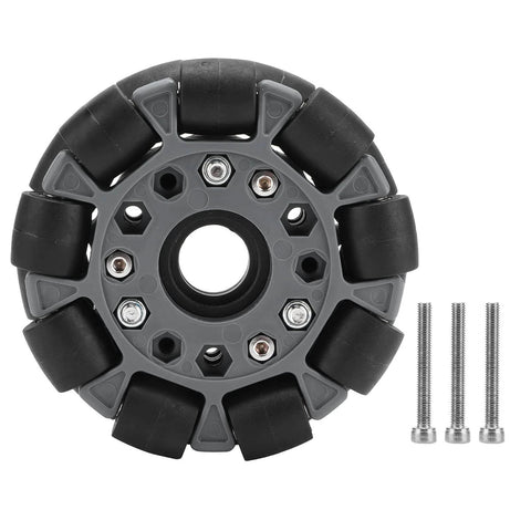 100mm Omni Wheel with double row roller design featuring nylon body rubber rollers for robot racing RC cars model 14041 front view.