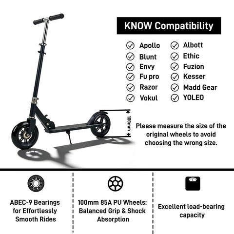 Pro Kick Scooter Replacement Wheels 100mm Pair - High-Speed Smooth Bearings Installed, Heavy Duty PU Wheels with compatibility chart