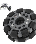 Omni Wheel for Robot 100mm 360 Degree Omnidirectional Plastic Wheel with Rubber Rollers and Brass Bearings, shown with robot.