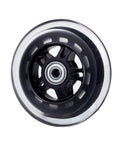 Close-up of a black 100mm scooter replacement wheel with ball bearings for pro stunt scooters, showing the wheel's design and structure.