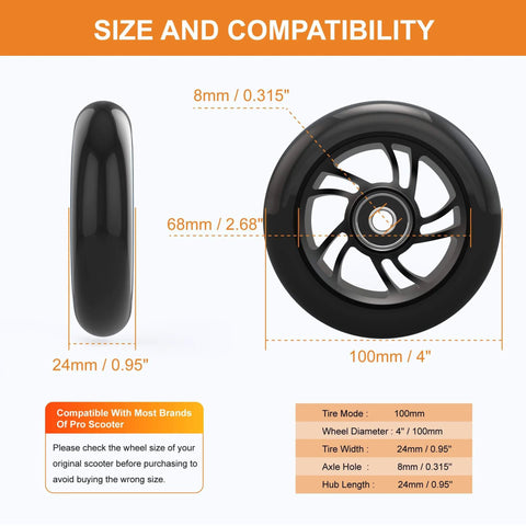 Size and compatibility guide for 100mm Pro Scooter Replacement Wheels with Aluminum Alloy Rim Anti Lock Bearings and 88A PU Tires Black