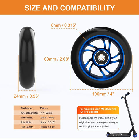100mm Pro Scooter Replacement Wheels Pair with Aluminum Alloy Rim Anti Lock Bearings and 88A PU Tires Blue, size chart and compatibility details