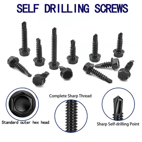 100pcs 410 Stainless Steel #8x1-1/4 Hex Washer Head Self Drilling Screws, Black Oxide Self Tapping Tek Screws without pre-drilling for metal plates