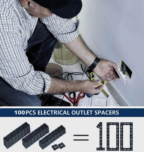Person installing 100 Piece Outlet Spacers For Electrical Boxes And Switch Receptacles Shims Extenders Black next to outlet